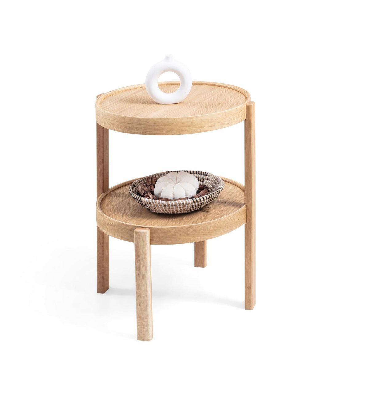 Runder Beistelltisch aus massivem Eichenholz mit holzbeschichteter MDF-Tischplatte, Höhe 60 cm, Durchmesser 45 cm, Farbe Eiche.