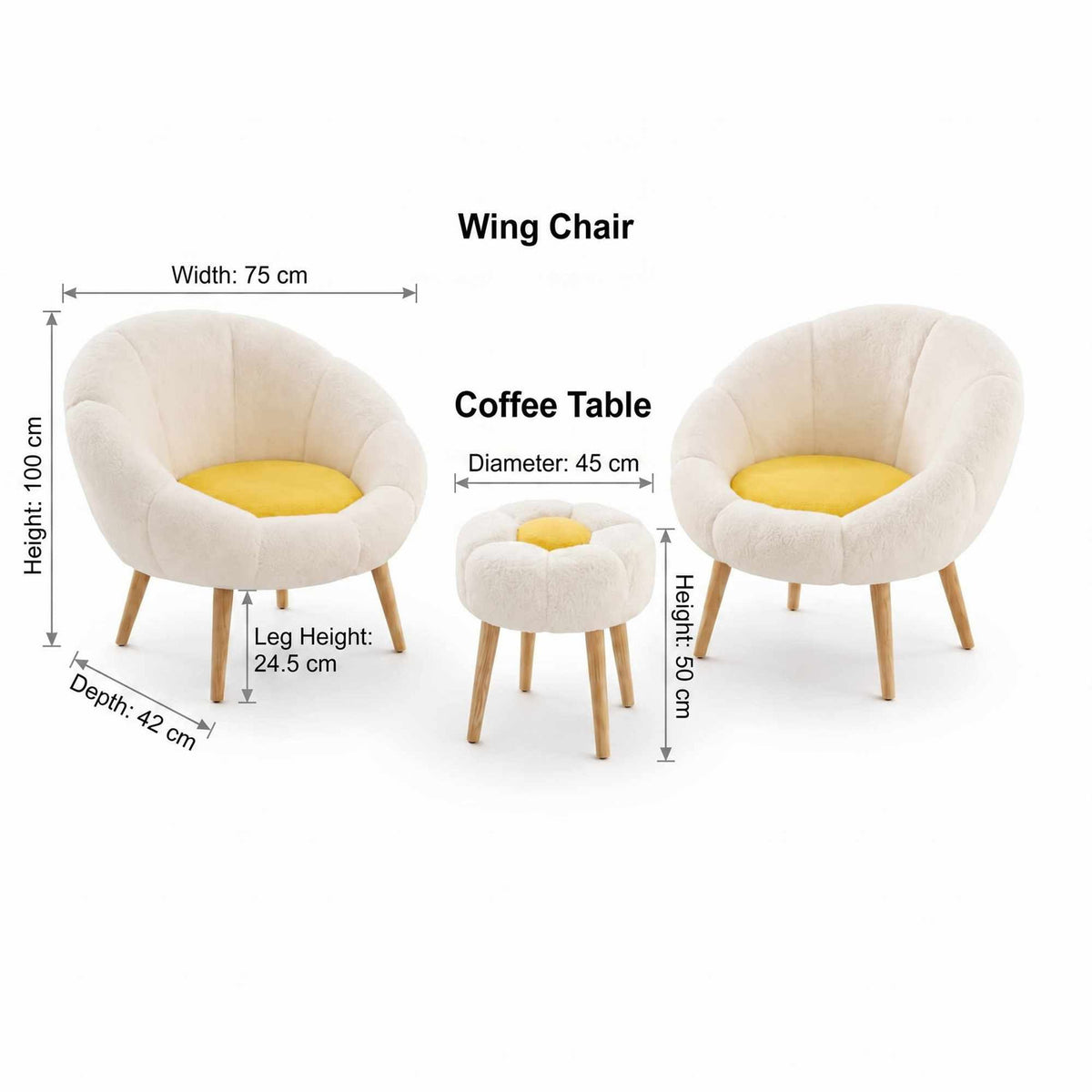 Zwei Ohrensessel und ein runder Pouf in Weiss/Gelb mit Wellsoft-Stoffbezug und Beinen aus Esche auf hellem Hintergrund.