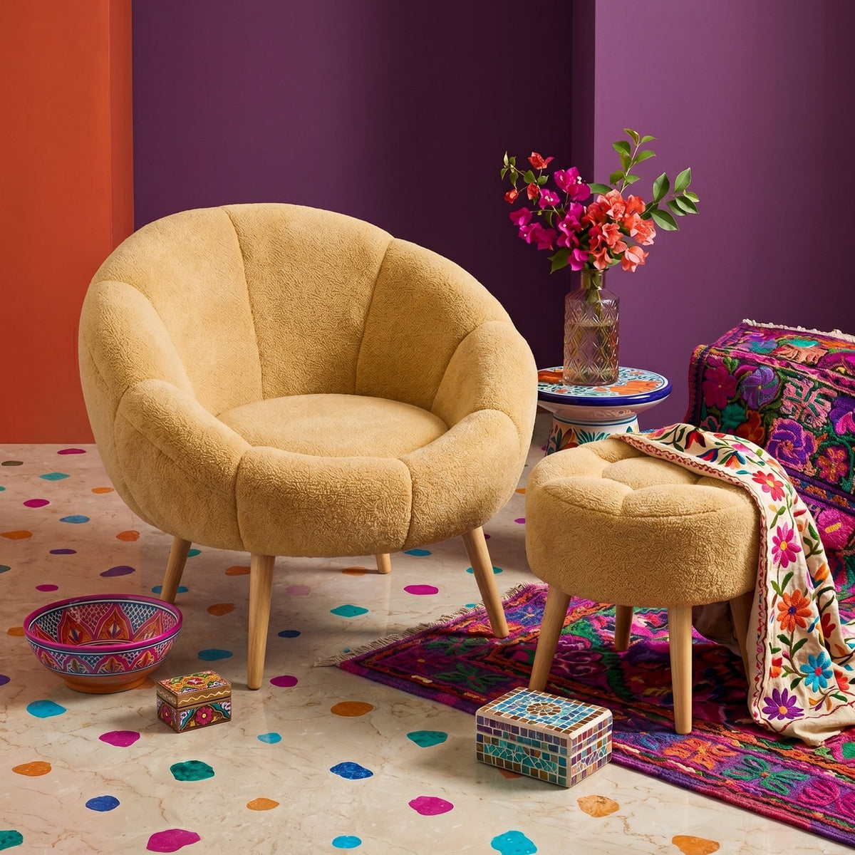 Braunes Ohrensessel-Set von Hanah Home mit passendem Pouf, Bezug aus Wellsoft-Stoff und Beinen aus Eschenholz.