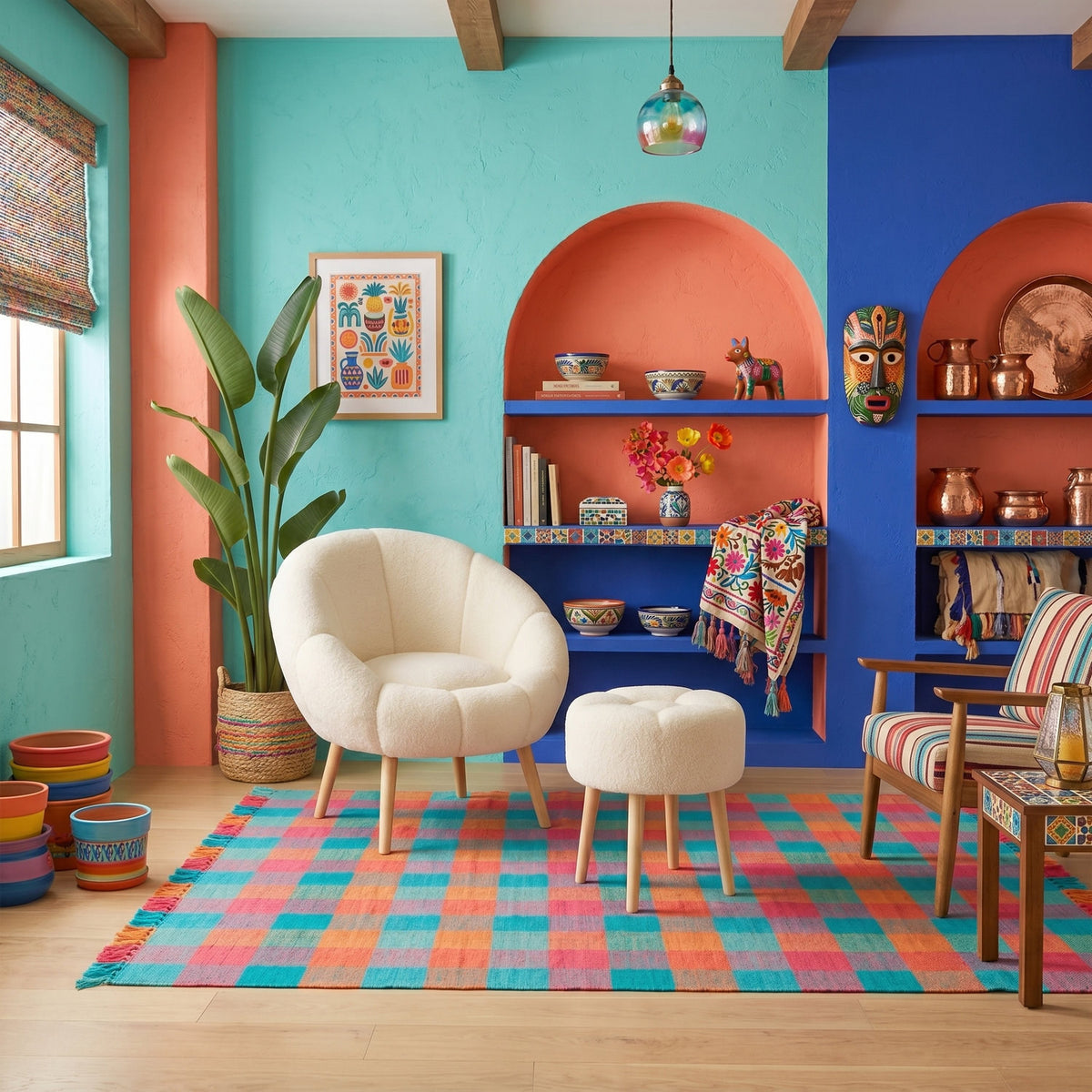 Cremefarbener Ohrensessel mit Flügeldesign und passendem runden Pouf, Bezug aus Wellsoft-Stoff, Beine aus Eschenholz.
