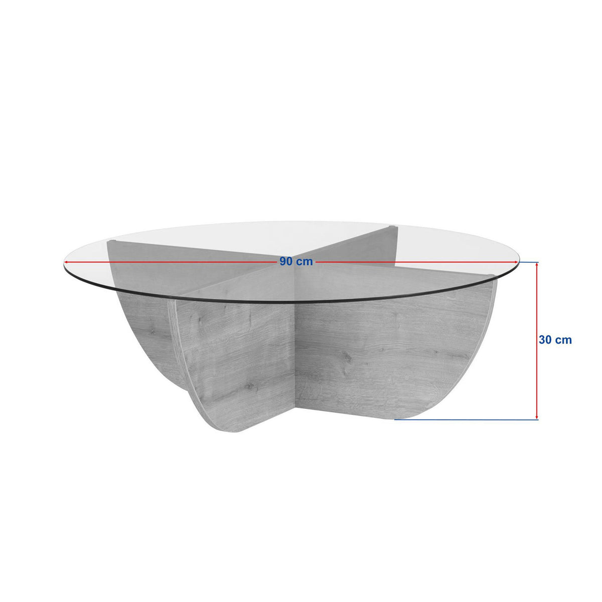 Couchtisch Liya von Nordure mit quadratischer Glasplatte in Travertin-Optik und Gestell aus melaminbeschichteter Spanplatte, 90 x 90 x 30 cm.