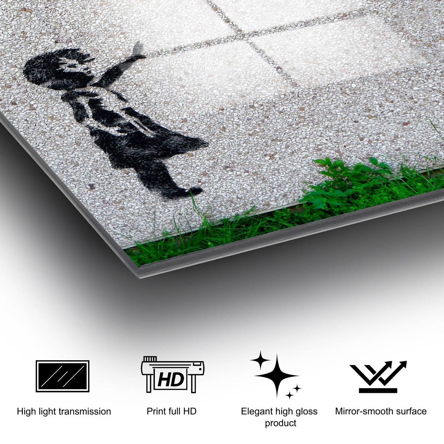 Verleihen Sie Ihrem Raum mit Wallitys mehrfarbigem UV-Bild von Banksy einen einzigartigen Akzent und genießen Sie die kraftvolle Kunst in Ihrem Zuhause!