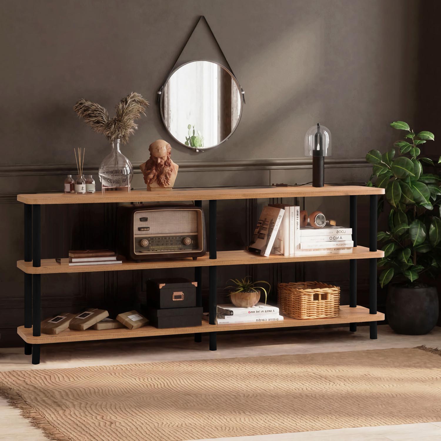Entdecken Sie das elegante Bücherregal Zen - Black aus schwarzer Atlantischer Kiefer von Hanah Home. Stilvoll, funktional und robust!