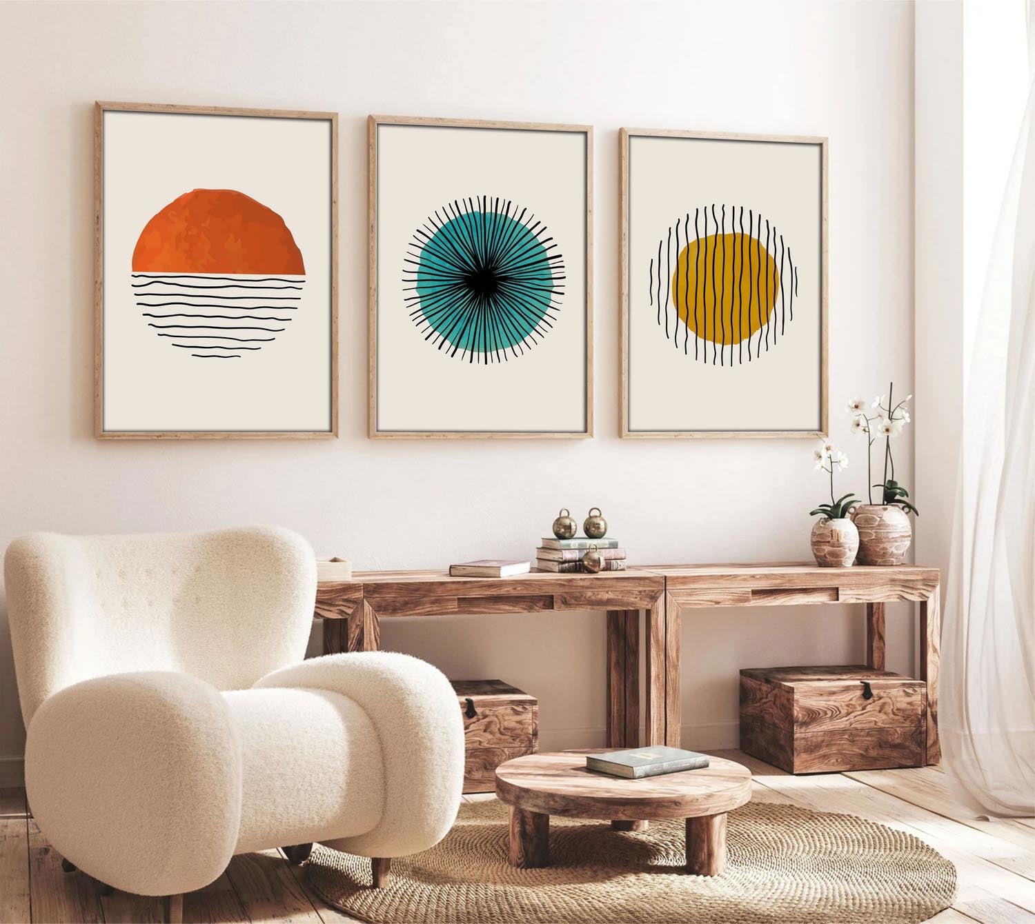 Verleihen Sie Ihrem Zuhause mit dem Huhu12 Bild von Wallity einen Hauch von Eleganz. Dieses 3-teilige MDF-Gemälde begeistert mit lebendigen Farben und einzigartigem Design.