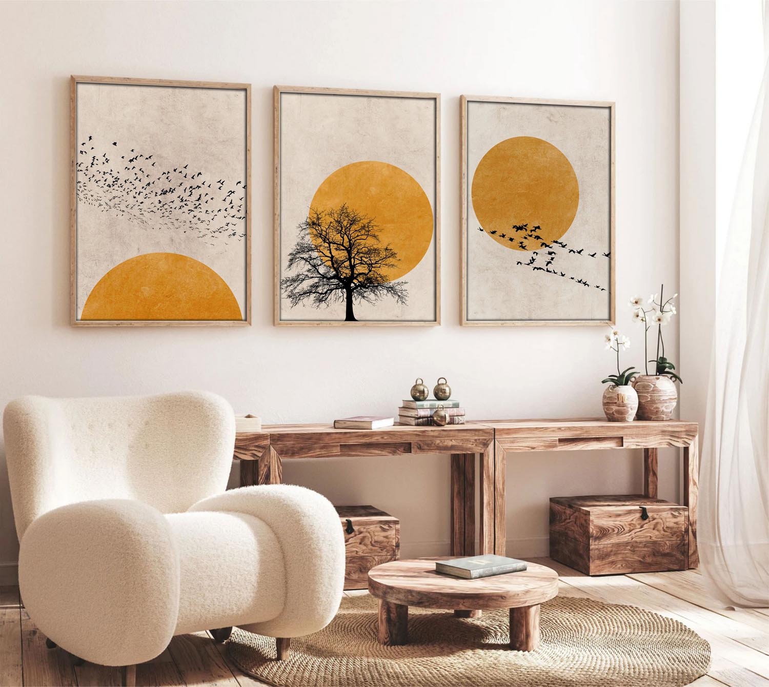 Verleihen Sie Ihrem Zuhause mit dem Huhu147 Bild von Wallity einen Hauch von Eleganz. Dieses 3-teilige Kunstwerk begeistert durch lebendige Farben und exquisite Verarbeitung.