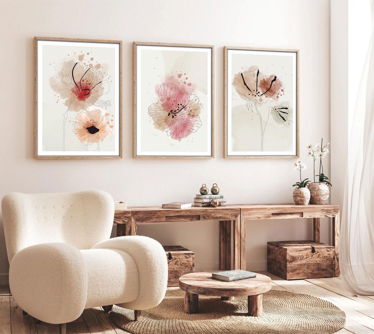 Verleihen Sie Ihrem Zuhause mit dem Huhu205 Bild von Wallity einen Hauch von Eleganz. Dieses 3-teilige, mehrfarbige Kunstwerk begeistert durch lebendige Farben und stilvolle Holzrahmen.