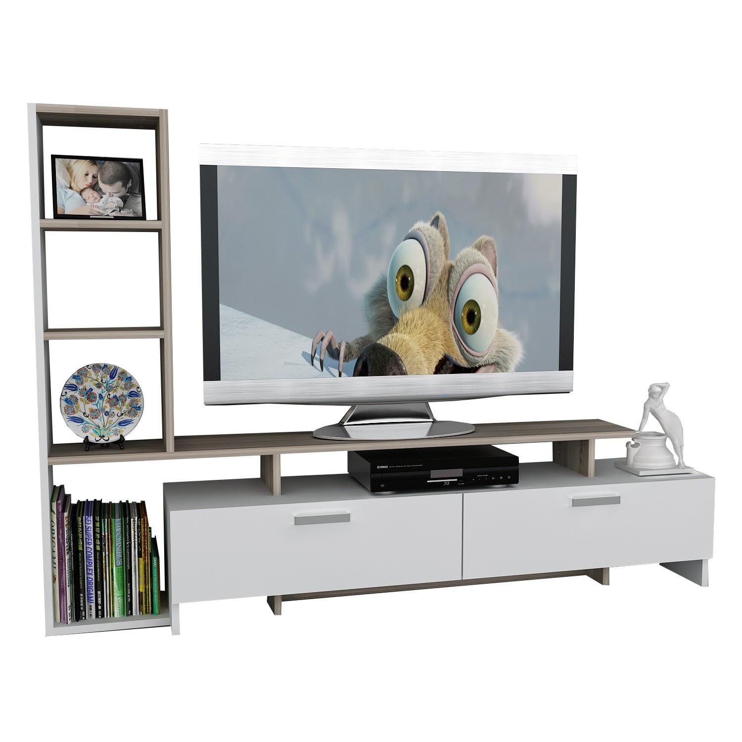 Entdecken Sie das stilvolle TV-Möbel Şimal in Weiß von Hanah Home. Skandinavisches Design trifft auf Funktionalität und bietet optimalen Stauraum.