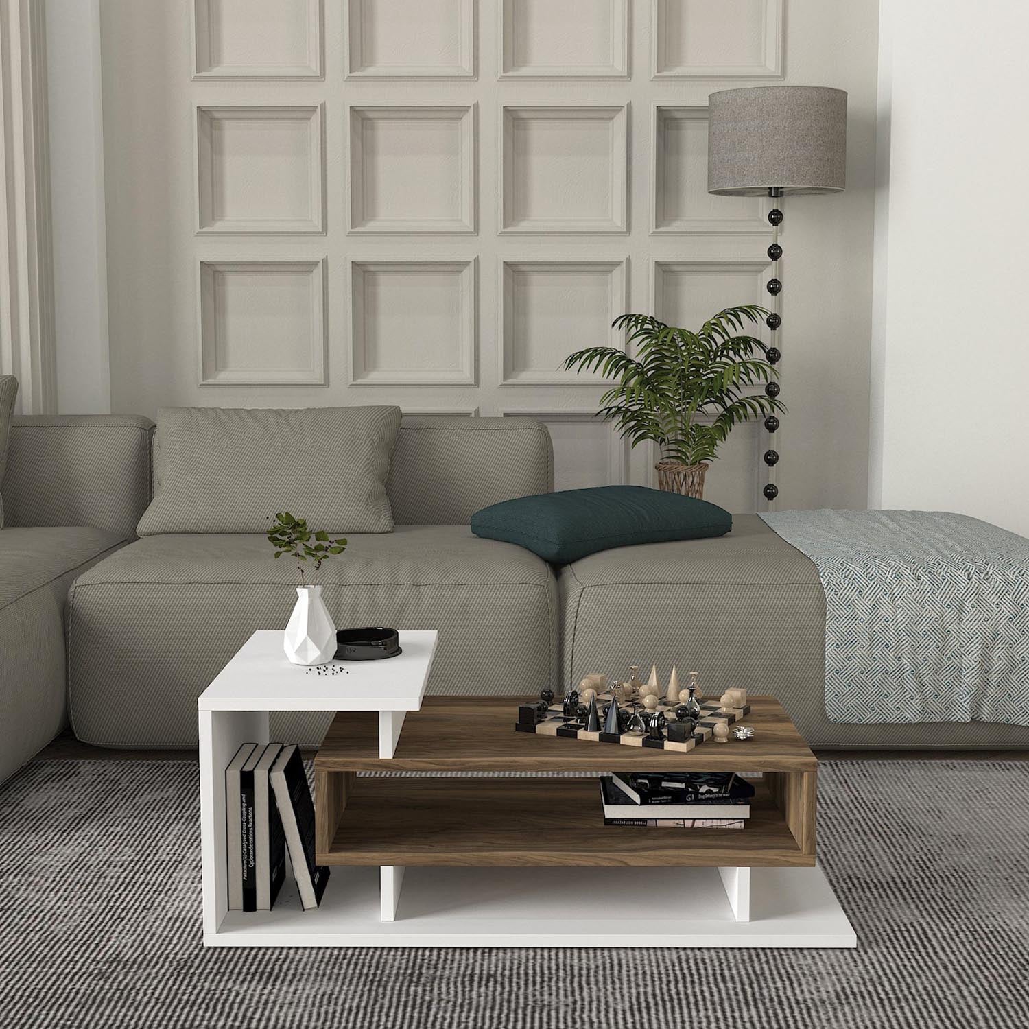 Verleihen Sie Ihrem Wohnraum mit dem skandinavischen Couchtisch Spring - White, Walnut von Hanah Home einen Hauch von Eleganz und Funktionalität!