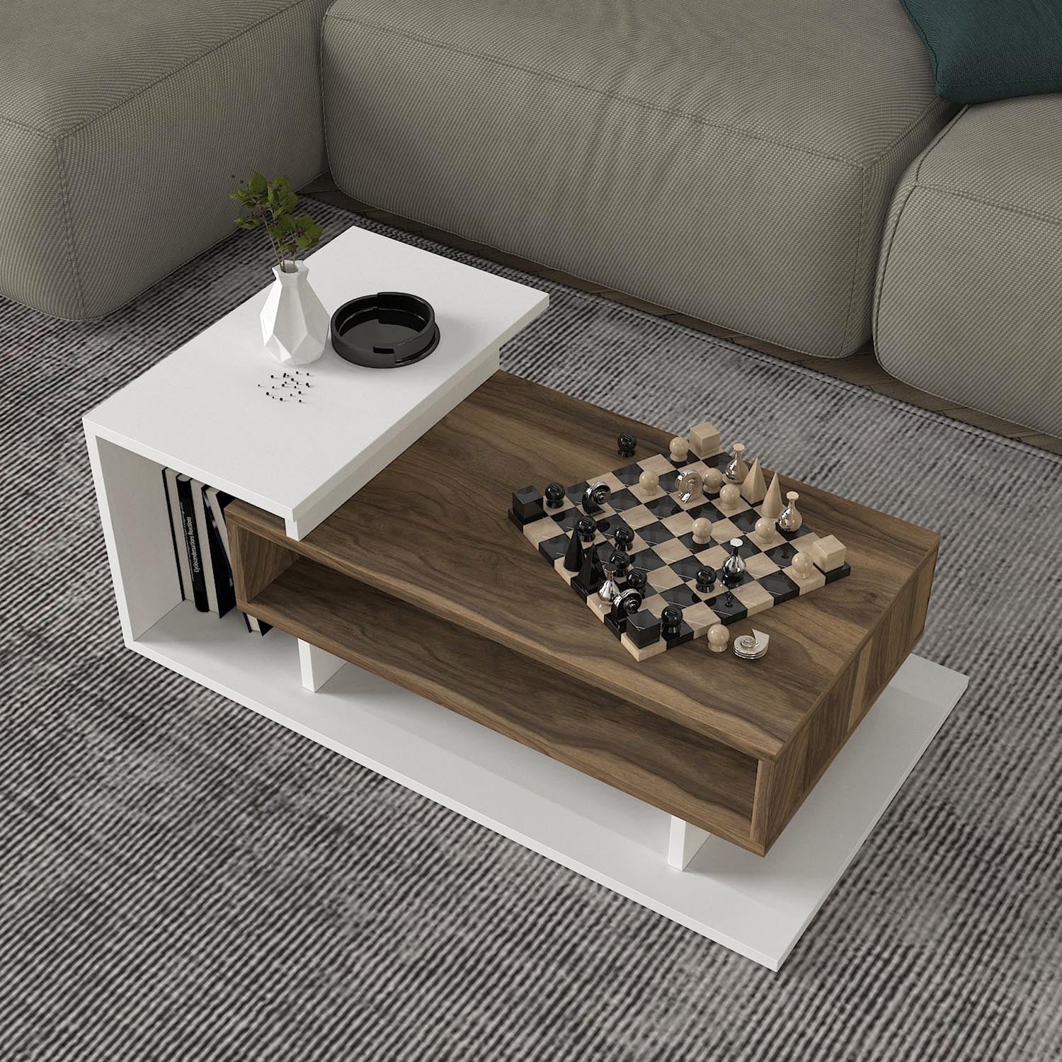 Verleihen Sie Ihrem Wohnraum mit dem skandinavischen Couchtisch Spring - White, Walnut von Hanah Home einen Hauch von Eleganz und Funktionalität!