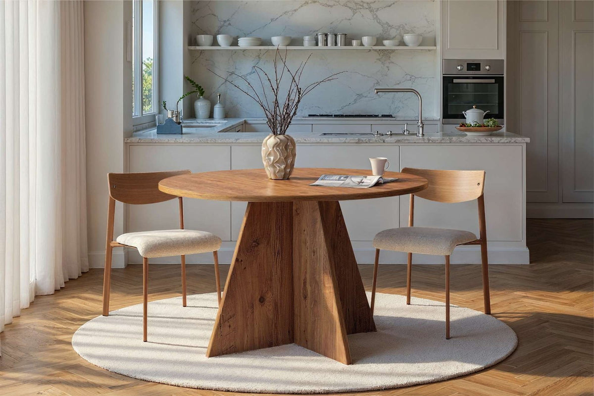 Quadratischer Esstisch Virella von Nordure in Atlantik Kiefer, Tischplatte aus melaminbeschichteter Spanplatte, 120x120 cm, Höhe 75 cm
