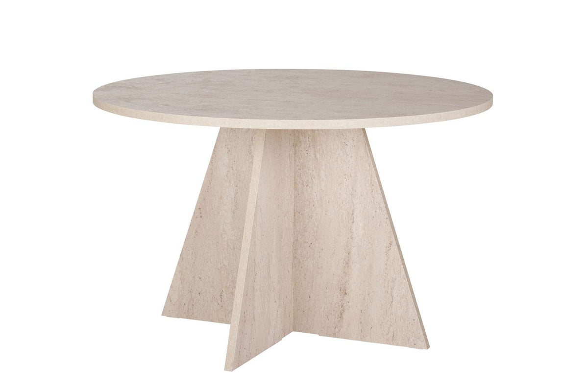 Quadratischer Esstisch mit Travertin-Optik, Tischplatte aus melaminbeschichteter Spanplatte, 120x120 cm, Höhe 75 cm.