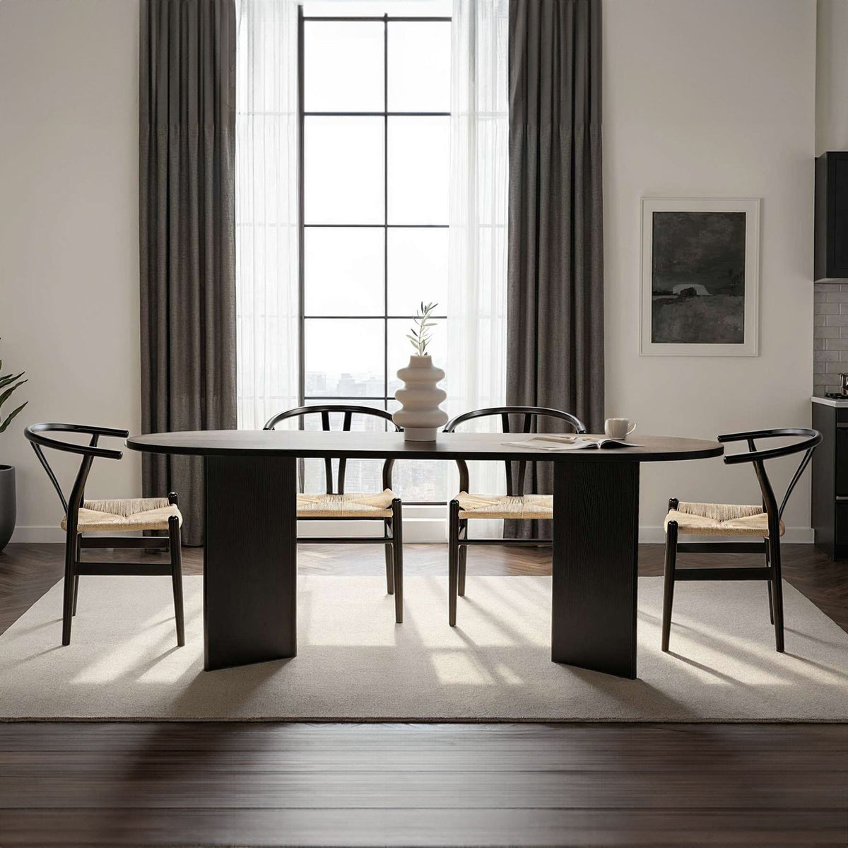 Rechteckiger Esstisch in Schwarz mit melaminbeschichteter Spanplattenoberfläche, schlichtes Gestell, Masse 200 x 90 x 75 cm.