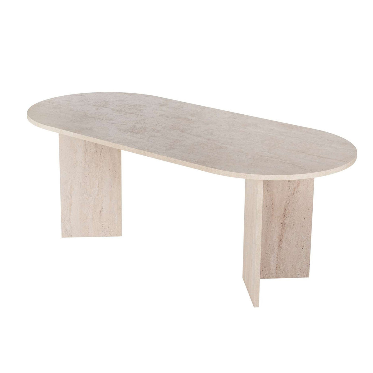 Rechteckiger Esstisch Sabella in Travertin-Optik mit marmorähnlicher Oberfläche, Masse 200x90x75 cm, aus melaminbeschichteter Spanplatte.