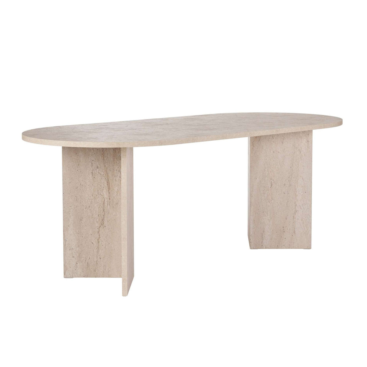Rechteckiger Esstisch Sabella in Travertin-Optik mit marmorähnlicher Oberfläche, Masse 200x90x75 cm, aus melaminbeschichteter Spanplatte.