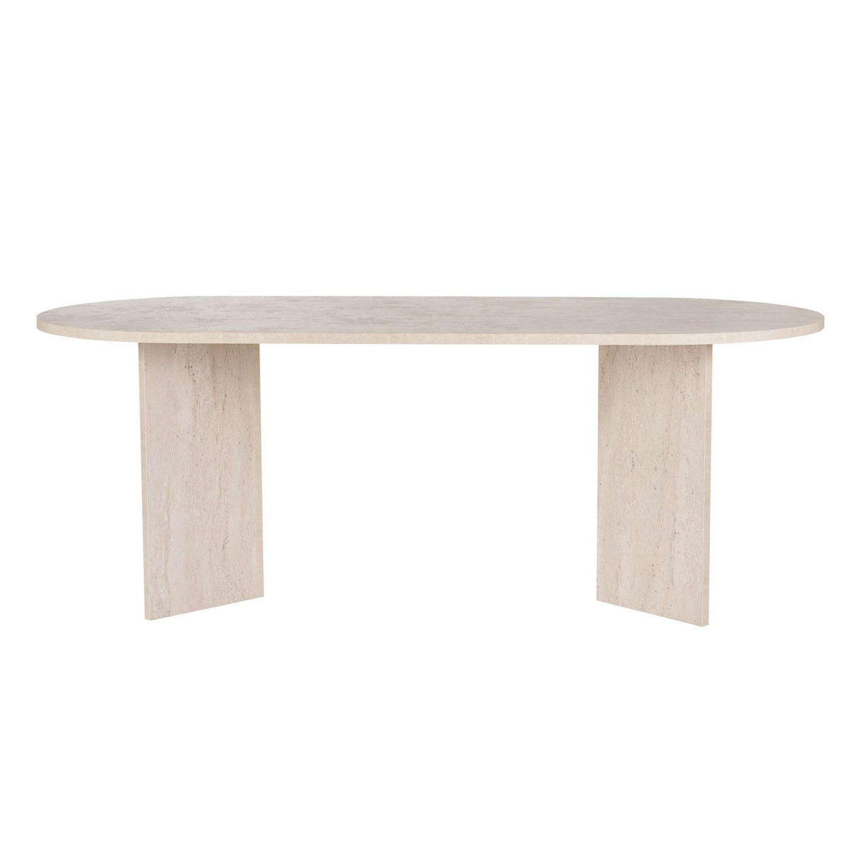 Rechteckiger Esstisch Sabella in Travertin-Optik mit marmorähnlicher Oberfläche, Masse 200x90x75 cm, aus melaminbeschichteter Spanplatte.