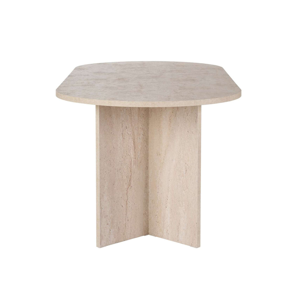 Rechteckiger Esstisch Sabella in Travertin-Optik mit marmorähnlicher Oberfläche, Masse 200x90x75 cm, aus melaminbeschichteter Spanplatte.