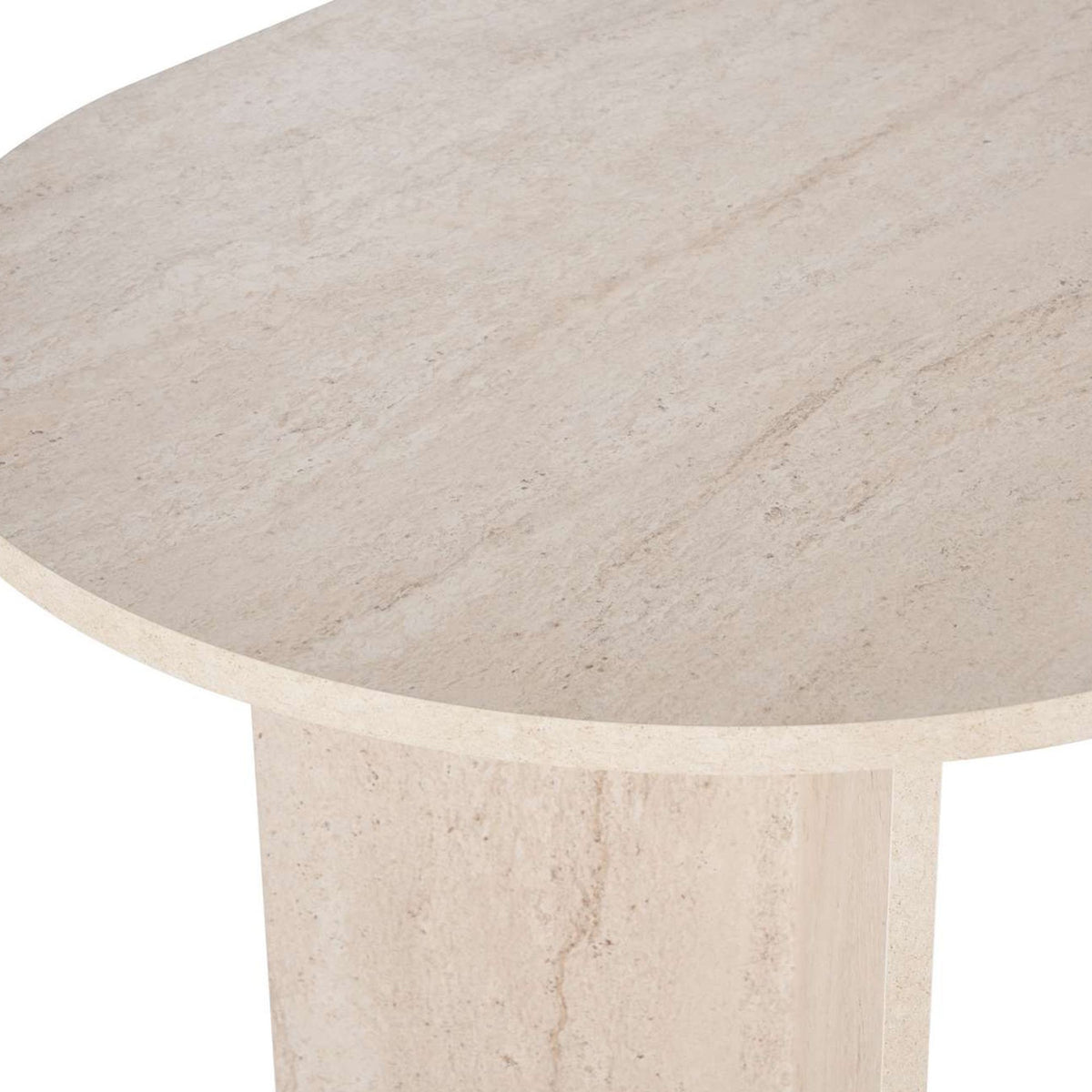 Rechteckiger Esstisch Sabella in Travertin-Optik mit marmorähnlicher Oberfläche, Masse 200x90x75 cm, aus melaminbeschichteter Spanplatte.
