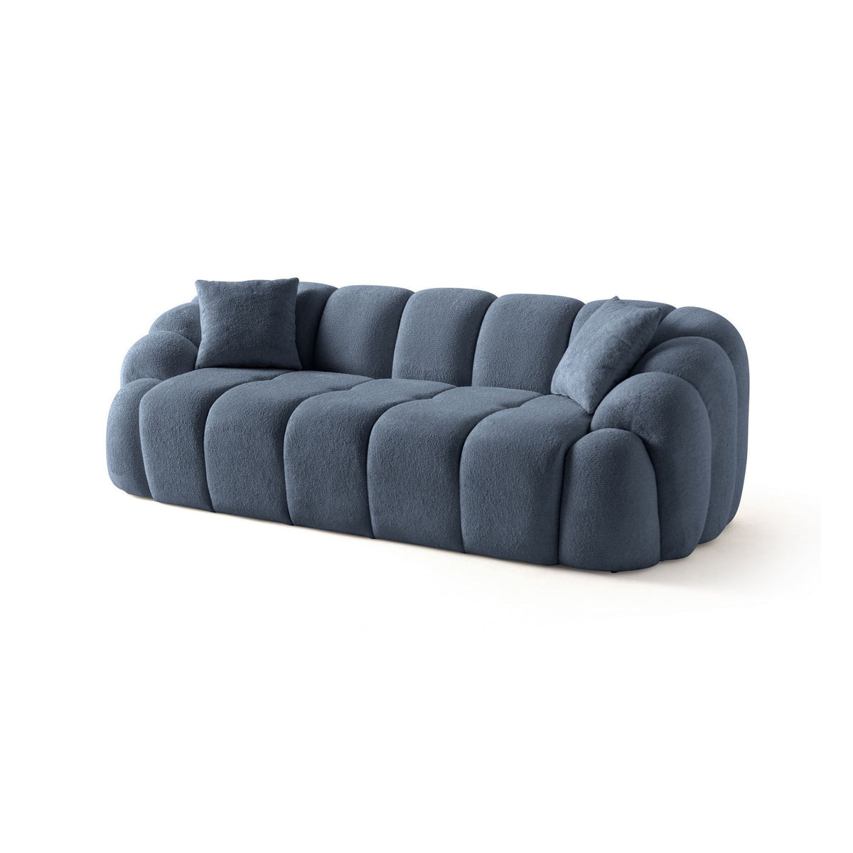 Marineblaues 3-Sitzer Sofa Octavio von Hanah Home mit Polyesterbezug, Hainbuche-Gestell, Kunststoffbeinen und zwei losen Kissen.