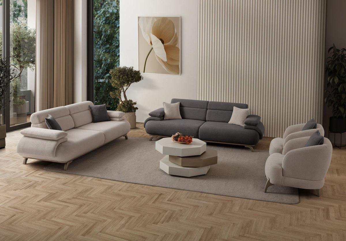 Anthrazitfarbenes 3-Sitzer-Sofa Bonjo Silver mit Polyesterbezug in Tuna-Struktur, Holzbeinen und abnehmbarem Rückenkissen von Hanah Home