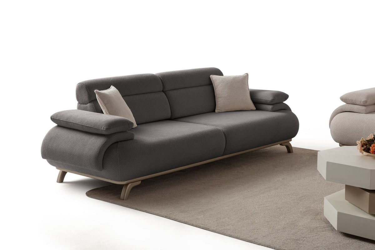Anthrazitfarbenes 3-Sitzer-Sofa Bonjo Silver mit Polyesterbezug in Tuna-Struktur, Holzbeinen und abnehmbarem Rückenkissen von Hanah Home