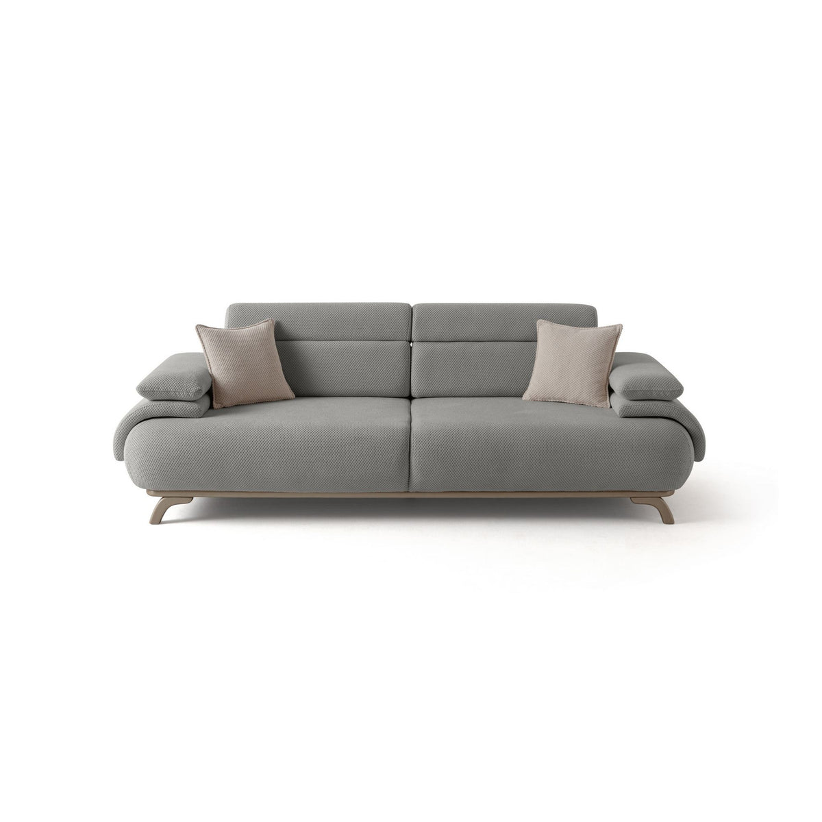 Graues 3-Sitzer-Sofa Bonjo Silver von Hanah Home mit Polyester-Stoffbezug, Holzbeinen und abnehmbarem Rückenkissen, Frontalansicht.