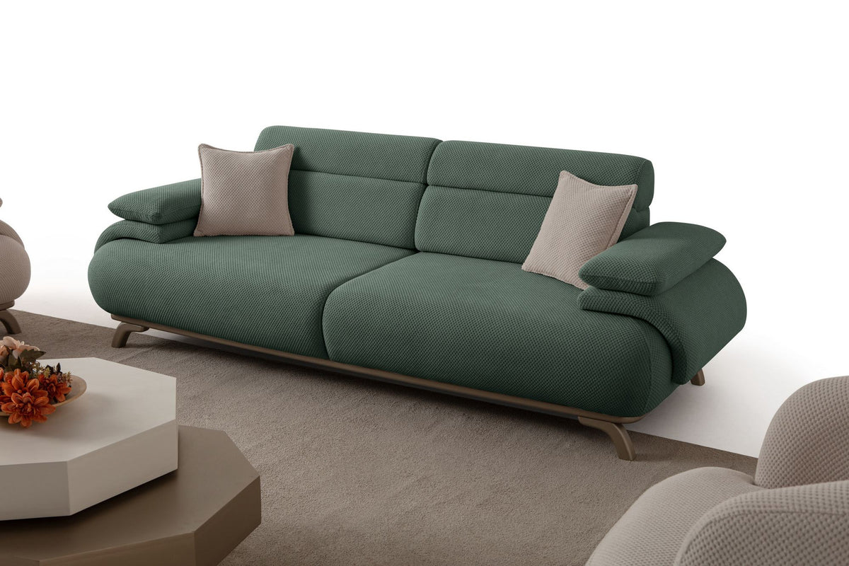 Grünes 3-Sitzer-Sofa Bonjo Silver mit Polyester-Bezug, Holzbeinen und abnehmbarem Rückenkissen, Gestell aus Hainbuche und Spanplatte.