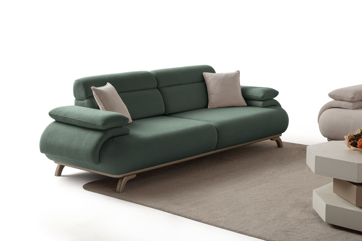 Grünes 3-Sitzer-Sofa Bonjo Silver mit Polyester-Bezug, Holzbeinen und abnehmbarem Rückenkissen, Gestell aus Hainbuche und Spanplatte.