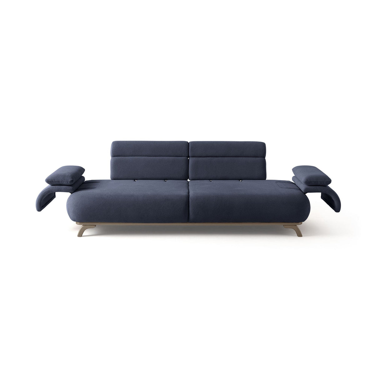 Marineblaues 3-Sitzer-Sofa mit Polyesterbezug, Holzbeinen und abnehmbarem Rückenkissen, fotografiert vor hellem Hintergrund.