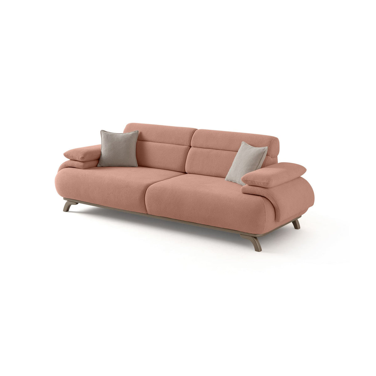 Puderfarbenes 3-Sitzer-Sofa Bonjo Silver mit Polyester-Bezug, Holzbeinen und abnehmbarem Rückenkissen, zwei Zierkissen auf der Sitzfläche.