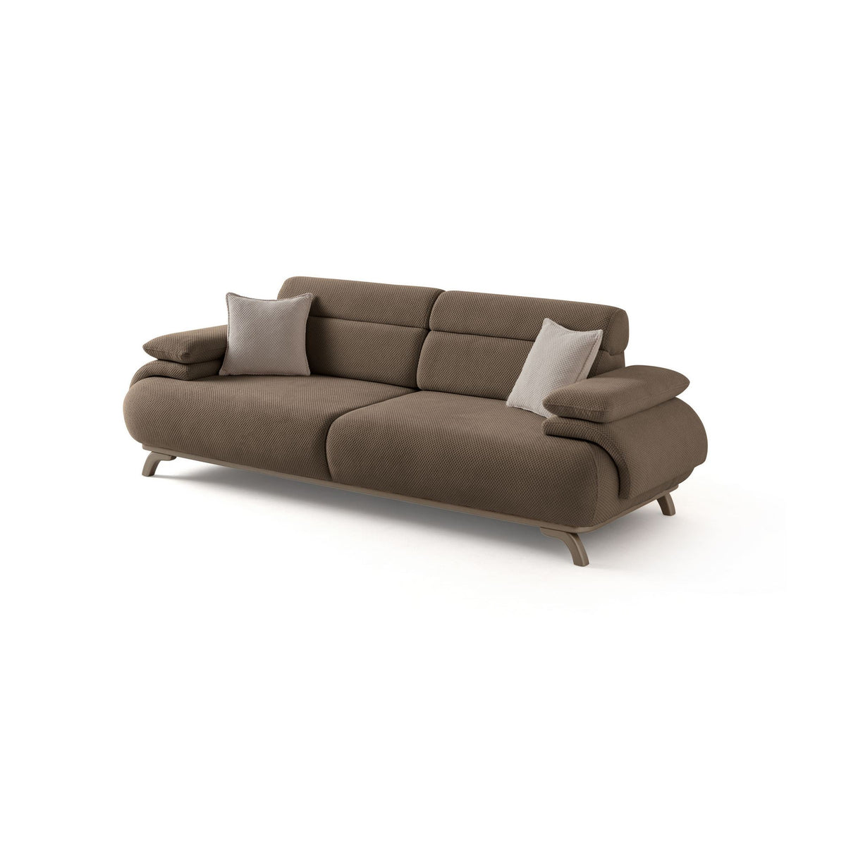 3-Sitzer-Sofa Bonjo Silver in Erde von Hanah Home, Polyesterbezug mit Tuna-Struktur, Holzbeine, abnehmbares Rückenkissen, zwei Zierkissen.