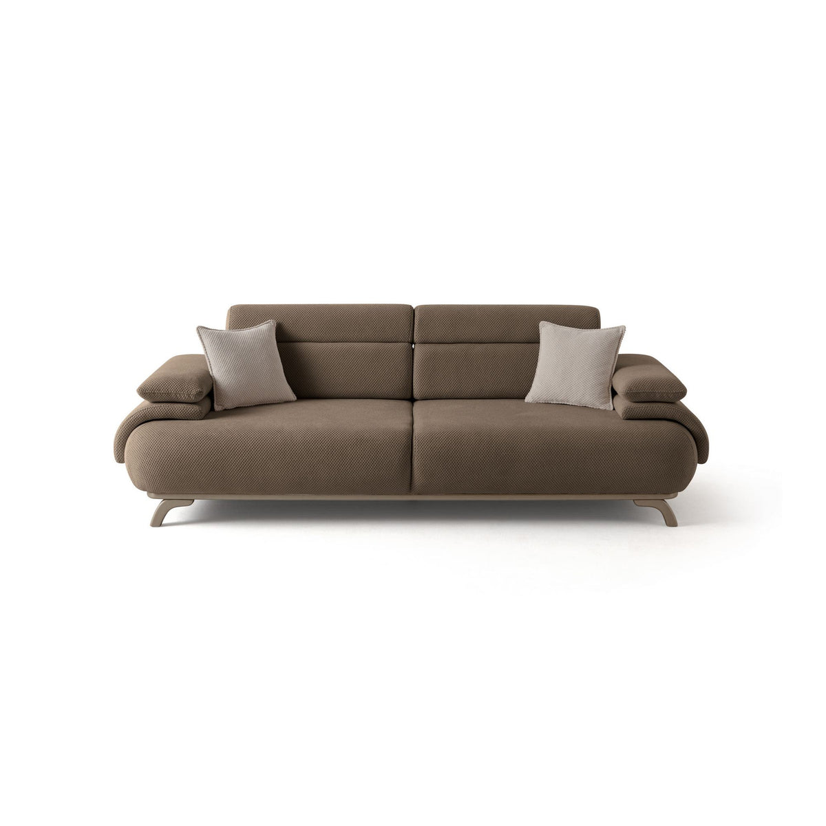 3-Sitzer-Sofa Bonjo Silver in Erde von Hanah Home, Polyesterbezug mit Tuna-Struktur, Holzbeine, abnehmbares Rückenkissen, zwei Zierkissen.