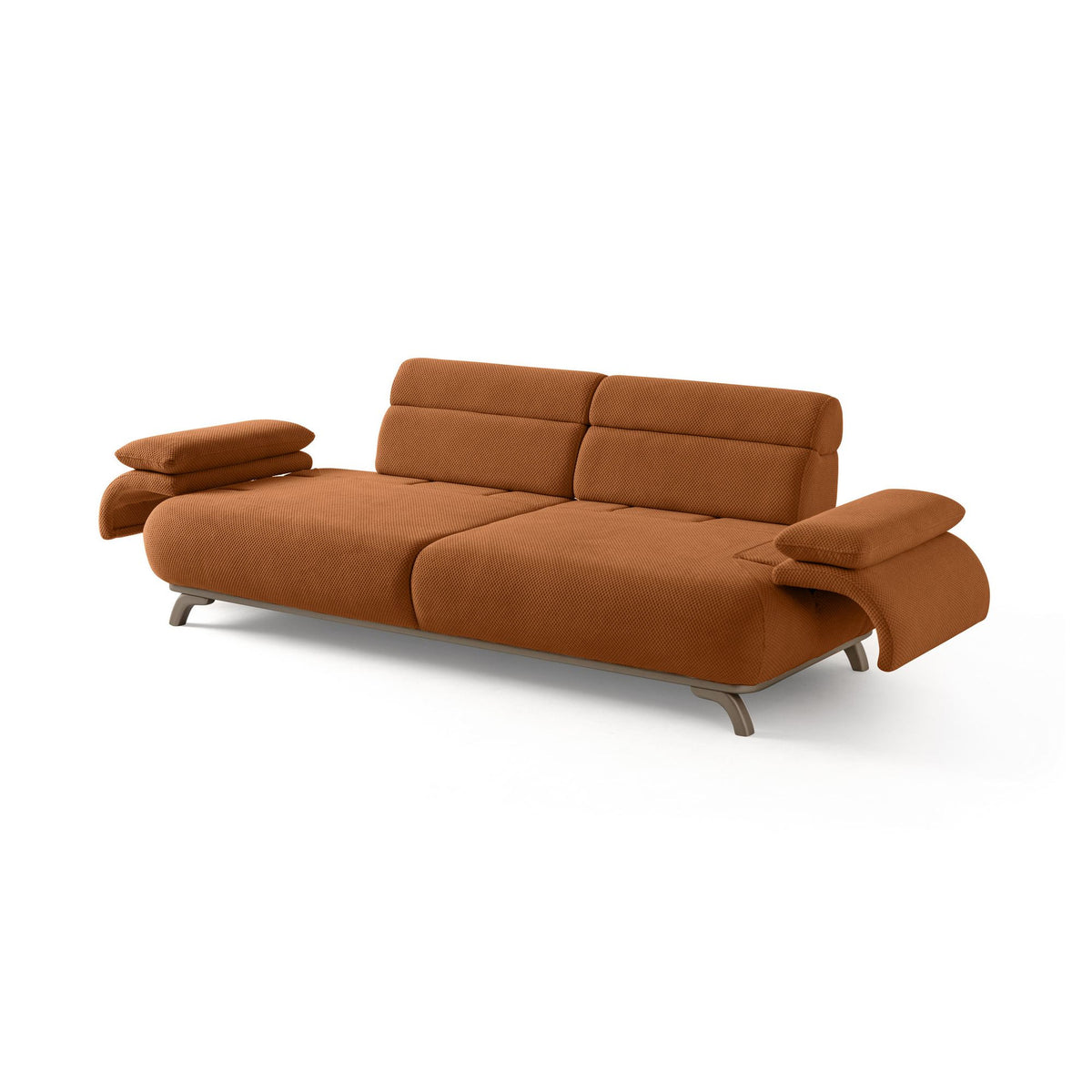 Ziegelrotes 3-Sitzer-Sofa mit Polyesterbezug in Tuna-Struktur, Holzbeinen und abnehmbarem Rückenkissen, zwei Zierkissen auf der Sitzfläche