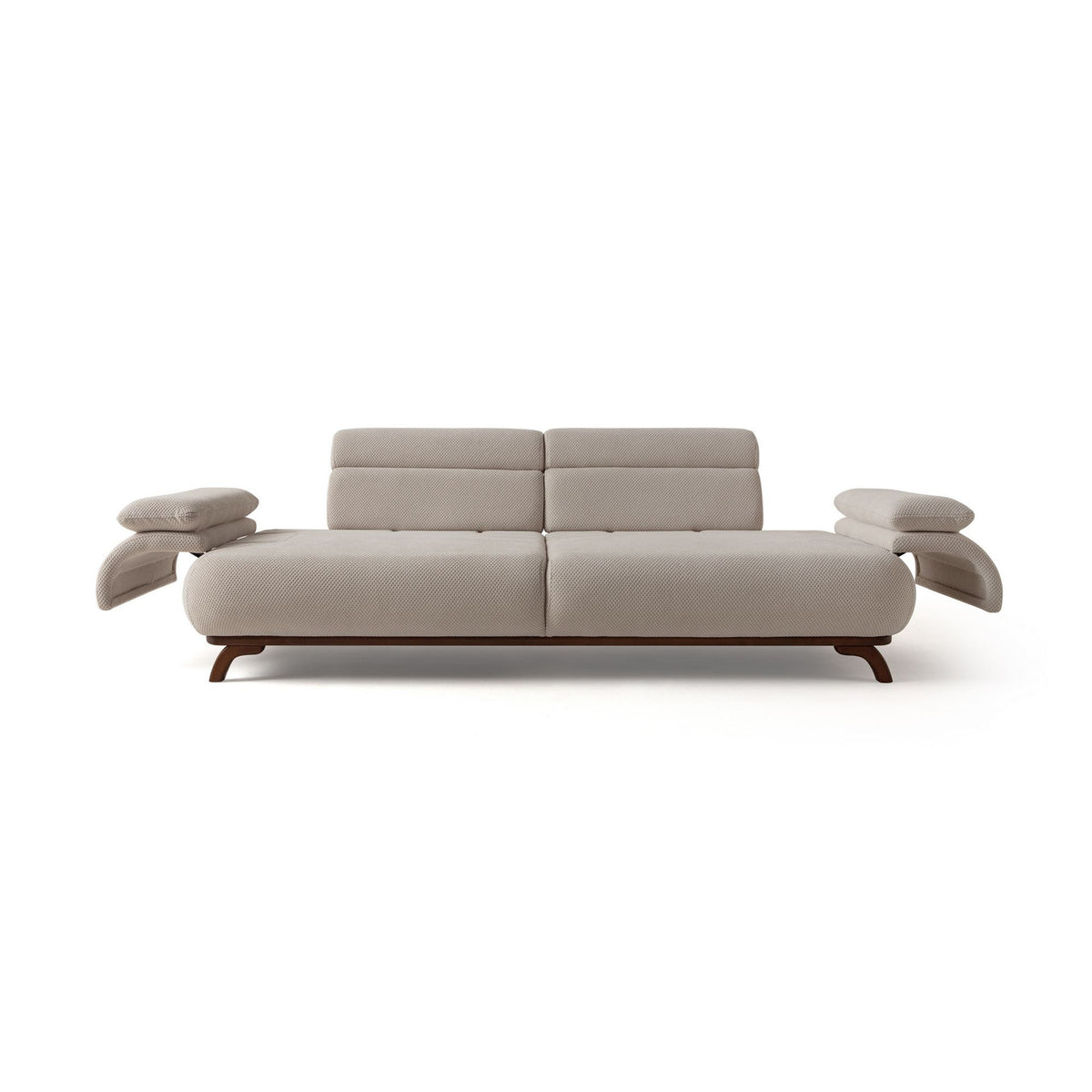 Beiges 3-Sitzer Sofa mit Polyester-Bezug in Tuna-Struktur, Holzbeinen und abnehmbarem Rückenkissen, Gestell aus Hainbuche und Spanplatte.