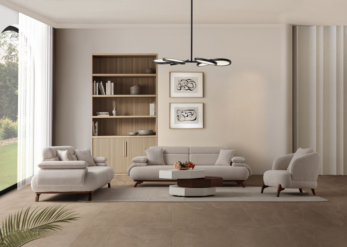 Beiges 3-Sitzer Sofa mit Polyester-Bezug in Tuna-Struktur, Holzbeinen und abnehmbarem Rückenkissen, Gestell aus Hainbuche und Spanplatte.