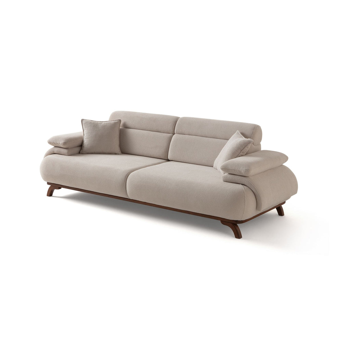 Beiges 3-Sitzer Sofa mit Polyester-Bezug in Tuna-Struktur, Holzbeinen und abnehmbarem Rückenkissen, Gestell aus Hainbuche und Spanplatte.