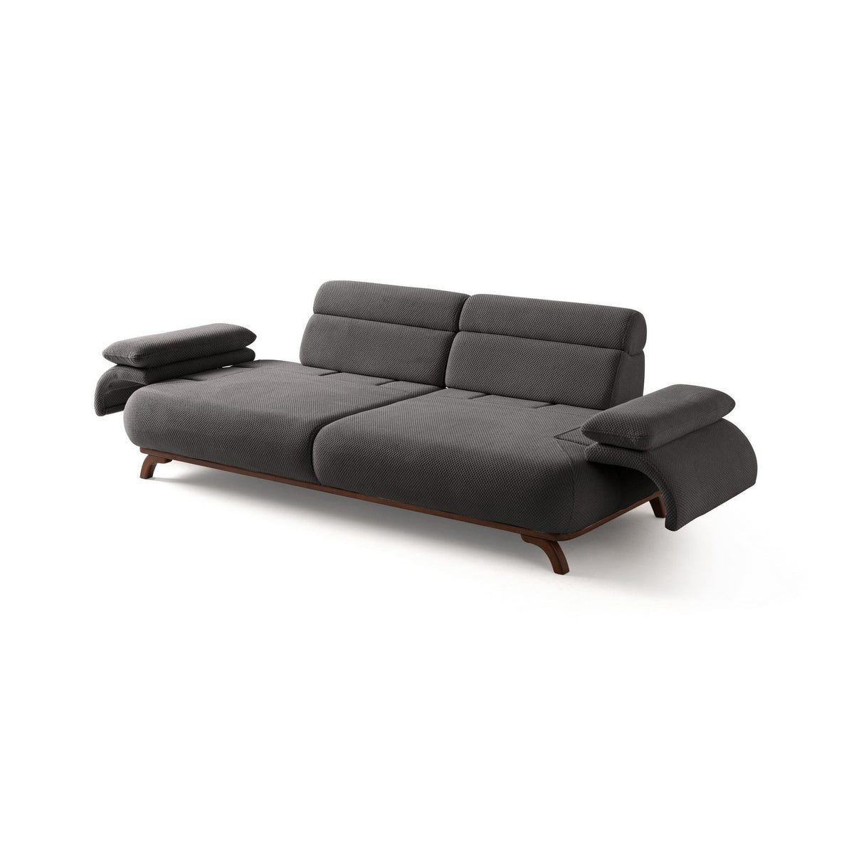 Anthrazitfarbenes 3-Sitzer Sofa Bonjo mit Holzbeinen, Polyester-Bezug in Tuna-Struktur und zwei losen Kissen, Frontalansicht.