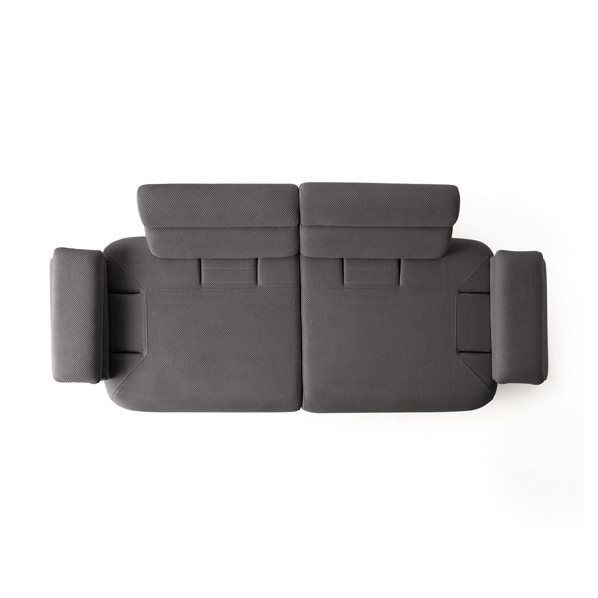 Anthrazitfarbenes 3-Sitzer Sofa Bonjo mit Holzbeinen, Polyester-Bezug in Tuna-Struktur und zwei losen Kissen, Frontalansicht.
