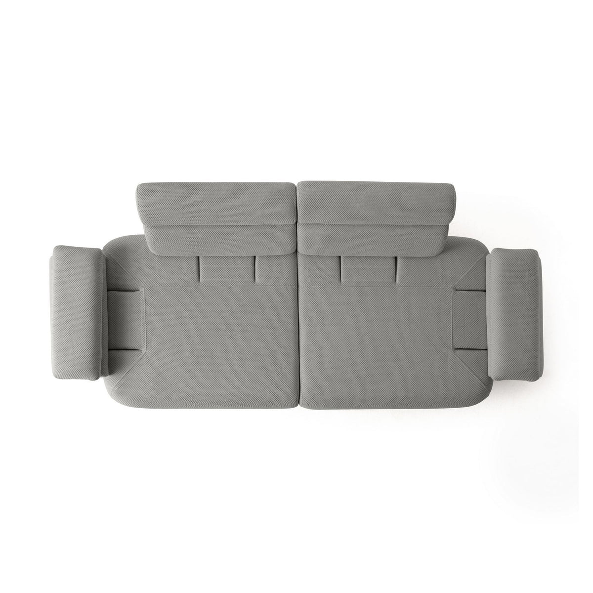 Graues 3-Sitzer Sofa Bonjo aus Polyesterstoff mit Tuna-Struktur, Gestell aus Hainbuche und Spanplatte, mit schlanken Holzbeinen und zwei Kissen.