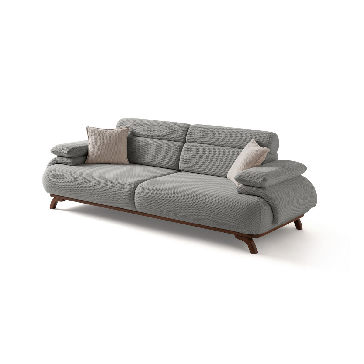 Graues 3-Sitzer Sofa Bonjo aus Polyesterstoff mit Tuna-Struktur, Gestell aus Hainbuche und Spanplatte, mit schlanken Holzbeinen und zwei Kissen.
