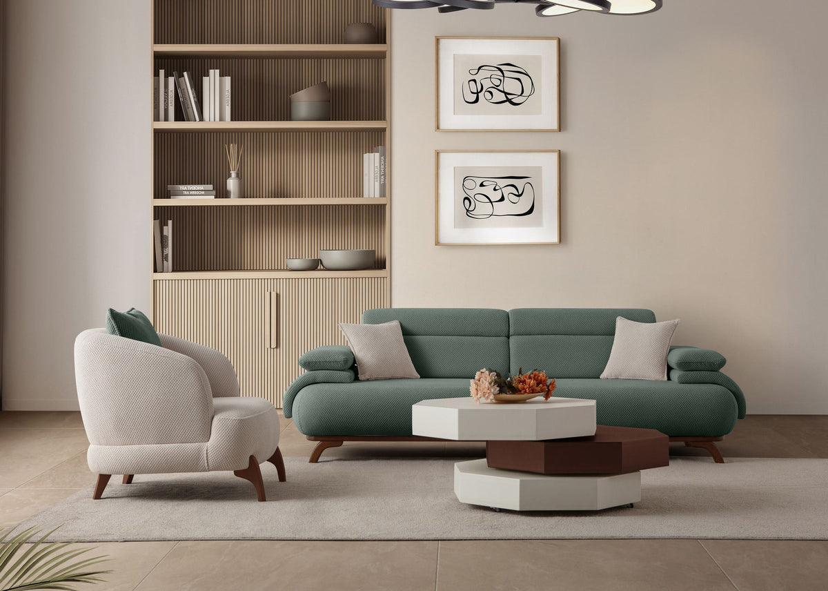Grünes 3-Sitzer Sofa Bonjo aus Polyesterstoff mit Holzbeinen, Gestell aus Hainbuche, zwei Kissen, Rückenkissen abnehmbar.