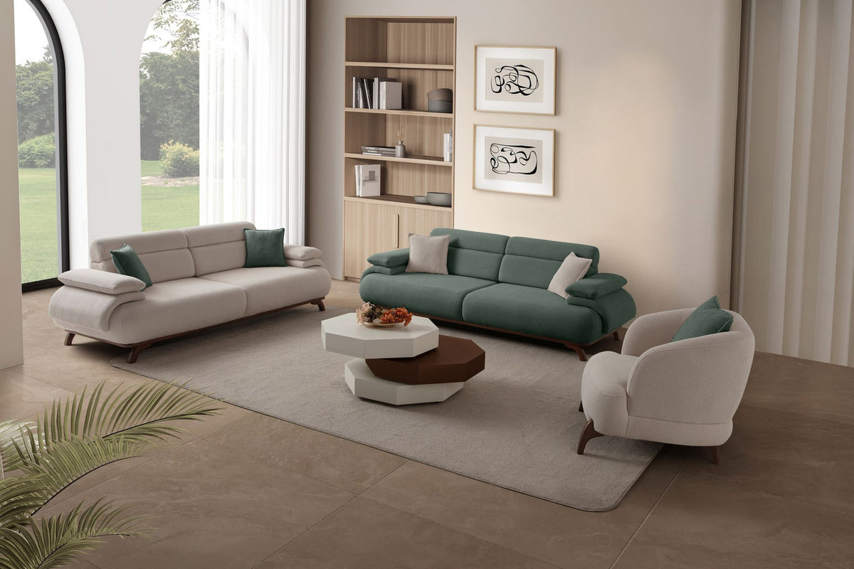 Grünes 3-Sitzer Sofa Bonjo aus Polyesterstoff mit Holzbeinen, Gestell aus Hainbuche, zwei Kissen, Rückenkissen abnehmbar.