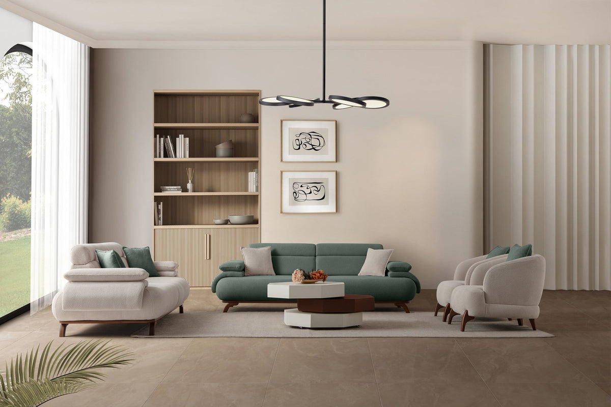 Grünes 3-Sitzer Sofa Bonjo aus Polyesterstoff mit Holzbeinen, Gestell aus Hainbuche, zwei Kissen, Rückenkissen abnehmbar.