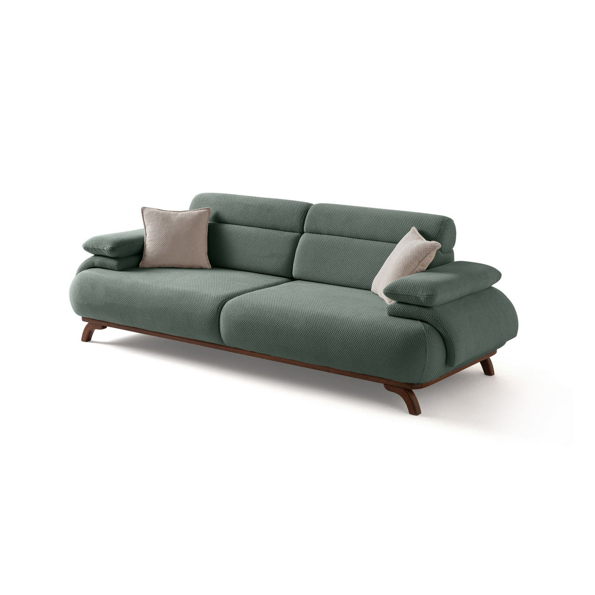 Grünes 3-Sitzer Sofa Bonjo aus Polyesterstoff mit Holzbeinen, Gestell aus Hainbuche, zwei Kissen, Rückenkissen abnehmbar.