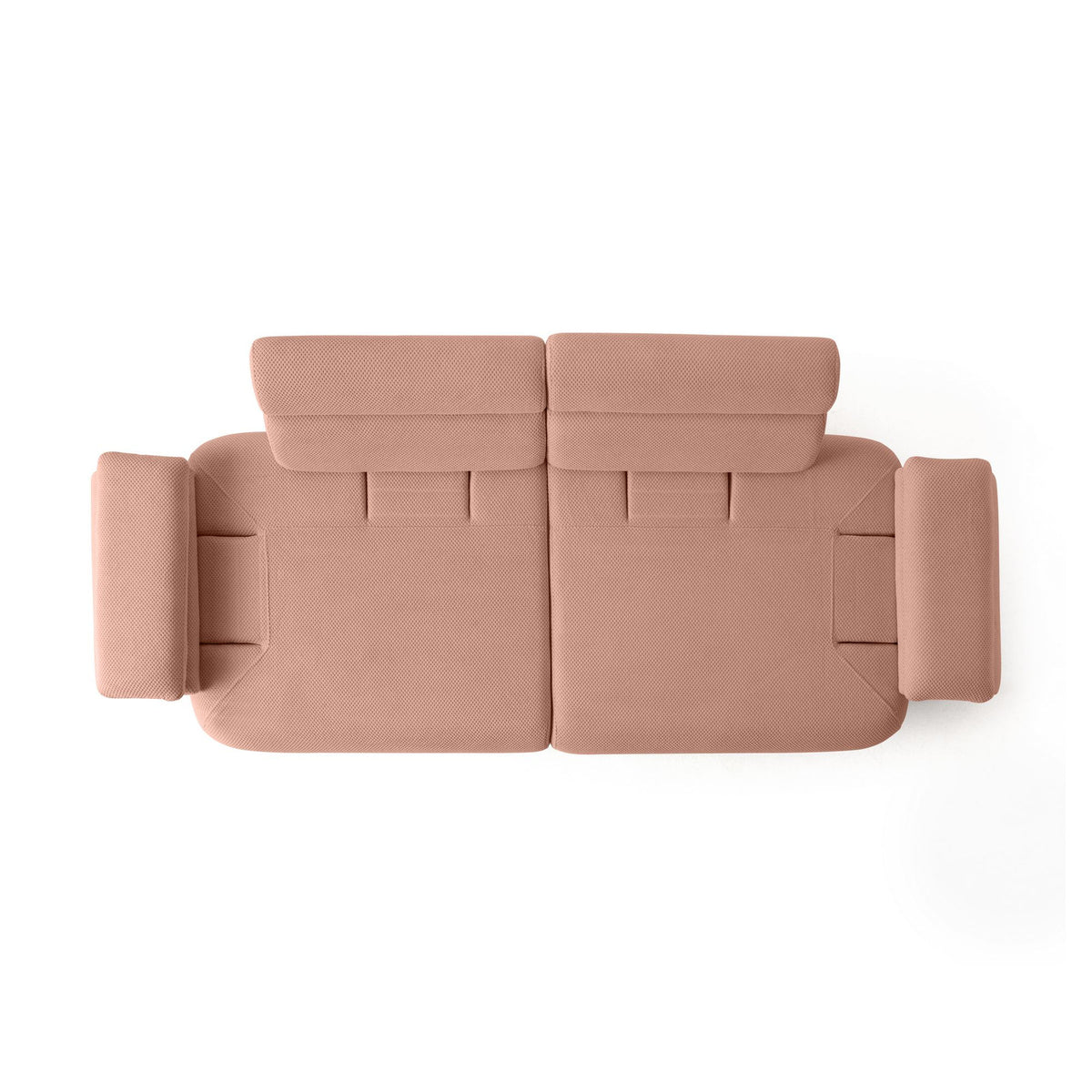 Puderfarbenes 3-Sitzer Sofa Bonjo von Hanah Home mit Polyesterbezug, Holzbeinen und zwei losen Kissen, Frontalansicht auf hellem Hintergrund.