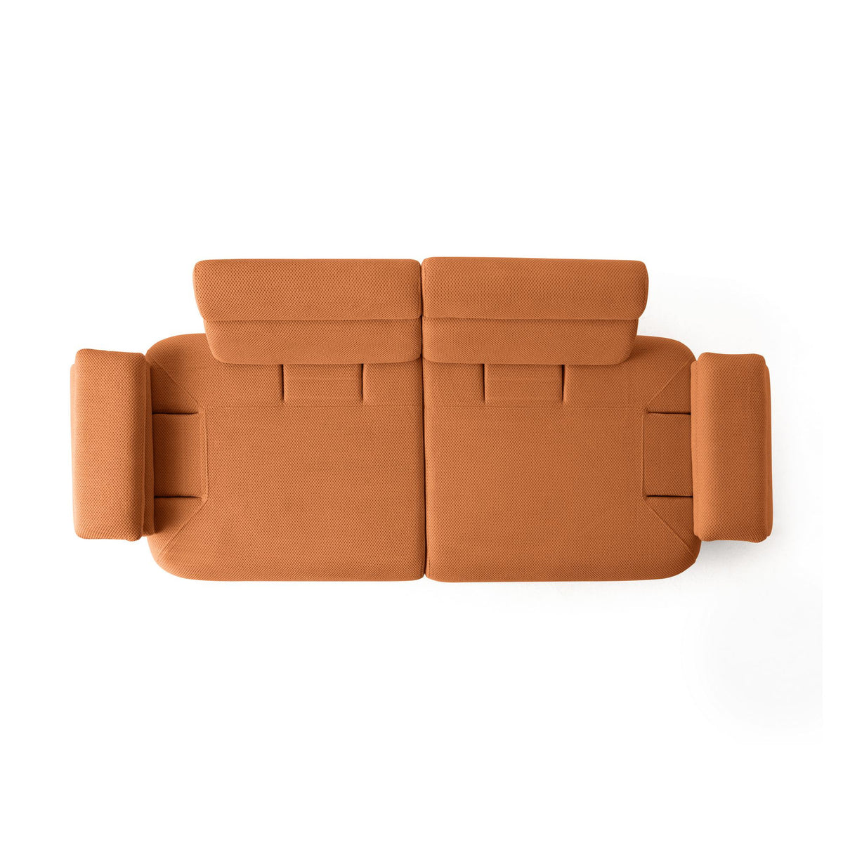 Ziegelrotes 3-Sitzer Sofa Bonjo mit Polyesterbezug in Tuna-Struktur, Holzbeinen und Rückenkissen, Gestell aus Hainbuche und Spanplatte.