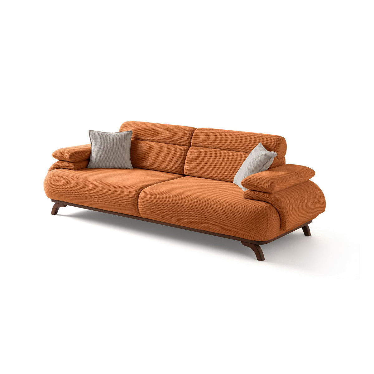 Ziegelrotes 3-Sitzer Sofa Bonjo mit Polyesterbezug in Tuna-Struktur, Holzbeinen und Rückenkissen, Gestell aus Hainbuche und Spanplatte.