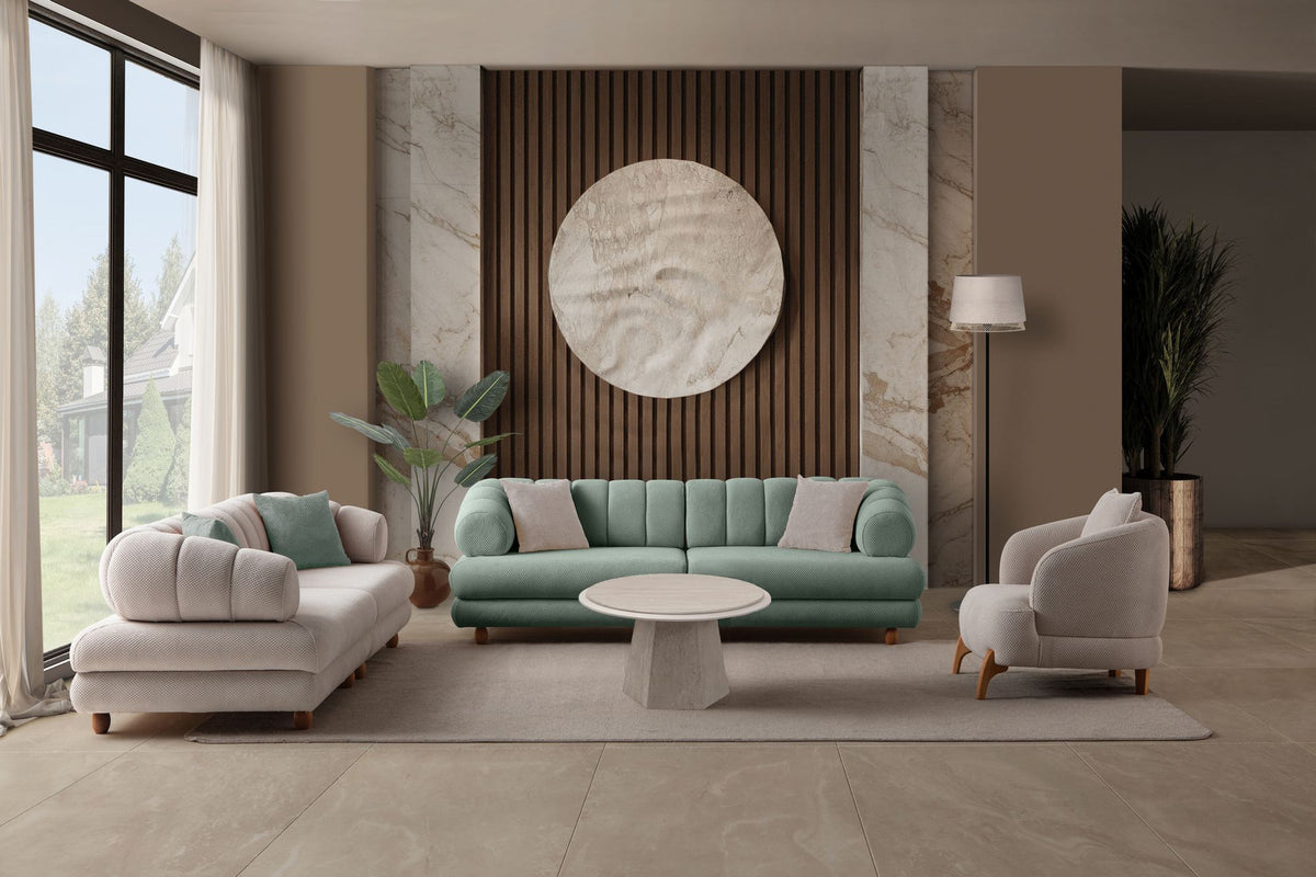 Seegrünes 3-Sitzer Sofa mit Polyesterbezug in Tuna-Struktur, Holzbeinen und abnehmbarem Sitzkissen, Gestell aus Hainbuche und Spanplatte.