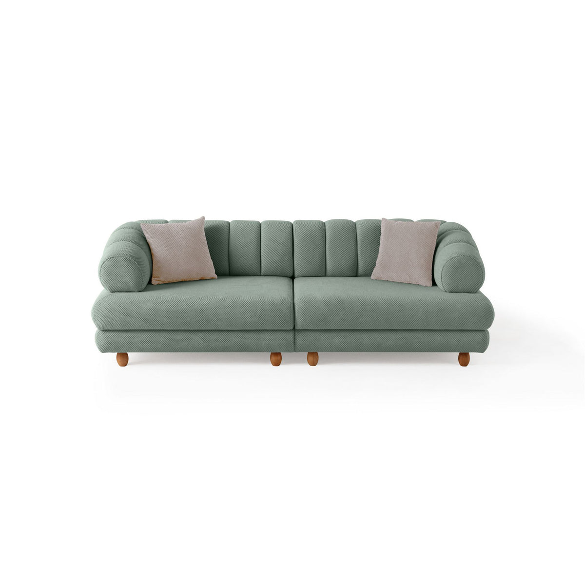 Seegrünes 3-Sitzer Sofa mit Polyesterbezug in Tuna-Struktur, Holzbeinen und abnehmbarem Sitzkissen, Gestell aus Hainbuche und Spanplatte.