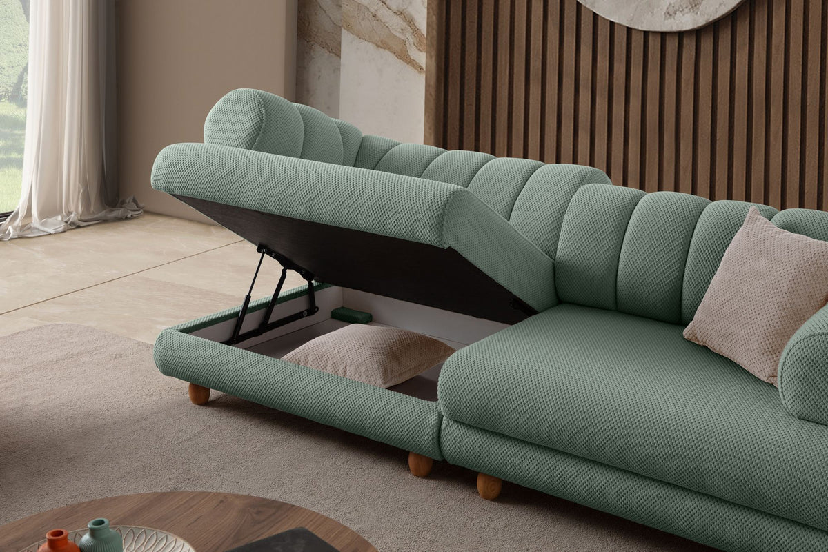 Seegrünes 3-Sitzer Sofa mit Polyesterbezug in Tuna-Struktur, Holzbeinen und abnehmbarem Sitzkissen, Gestell aus Hainbuche und Spanplatte.