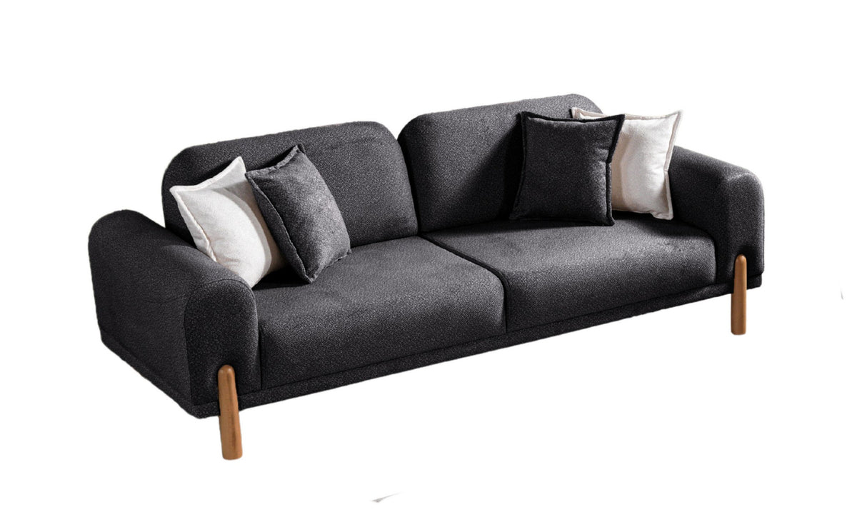 Anthrazitfarbenes 3-Sitzer Schlafsofa Class Bohem von Hanah Home mit Bouclé-Bezug, Holzbeinen und verstellbaren Armlehnen.